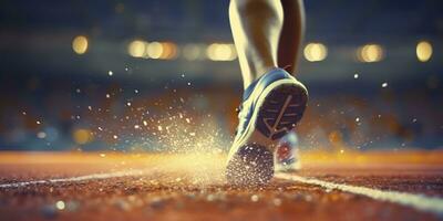 corredor pies corriendo en un estadio, de cerca en pies, Deportes fondo, espacio para Copiar, ai generativo foto