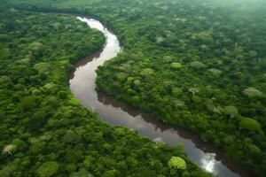 Aerial view of the Amazonas jungle landscape with river bend. Generative AI photo