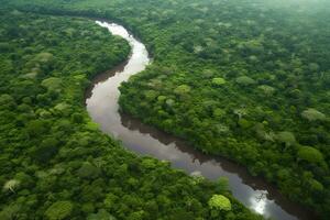 aéreo ver de el amazonas selva paisaje con río doblar. generativo ai foto