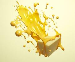 Cheese sauce splashing in the air with cheddar cheese, 3d rendering. Generative AI photo