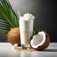 Coconut milk shake glass with fresh sliced coconut. Generative AI photo