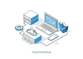 nube informática moderno plano diseño isométrica concepto. incluso servidores, almacenamiento, bases de datos, conexión tecnología. ilustrador vector. vector