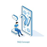 Frequency asked questions. Character asking for question to online helpdesk service. FAQ concept.  Vector illustration.