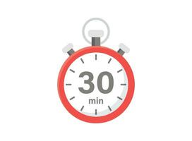 30 minutes on stopwatch icon in flat style. Clock face timer vector illustration on isolated background. Countdown sign business concept.