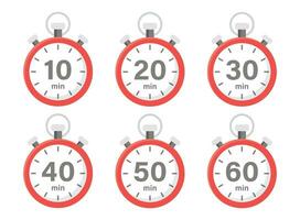 From 10 minites to 60 minutes on stopwatch icon in flat style. Clock face timer vector illustration on isolated background. Countdown sign business concept.