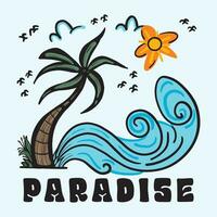 Paradise Wave surfing artwork for apparel, sticker, batch, background, poster and others. Summer retro graphic print design. Beach vibes with board print design. Hand sketch beach vector design.