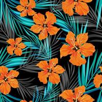 Summer tropical hawaiian background with palm tree leaves and exotic flowers vector