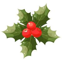 Christmas holly berry flat icon in cartoon style. Green leaves and red berries isolated on white background. Elements suitable for decorative Christmas festival, New year invitations, greeting cards. vector