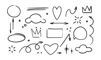 Doodle glitter pen line elements on a white background. Doodle heart, arrow, star, emphasis, speech bubble, sparkle element set icon. Simple sketch line style emphasis, attention, pattern elements. vector