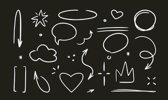 Doodle cute glitter pen line elements on a black background. Doodle heart, arrow, star, emphasis, sparkle decoration symbol set icon. Simple sketch line style emphasis, attention, pattern elements. vector