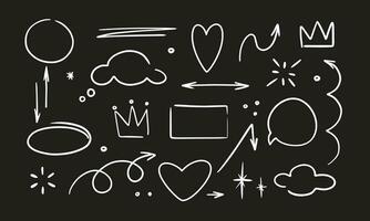 Doodle glitter pen line elements on a black background. Doodle heart, arrow, star, emphasis, speech bubble, sparkle element set icon. Simple sketch line style emphasis, attention, pattern elements. vector