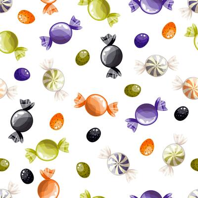 Candies halloween seamless pattern on a white background. Sweet Halloween candy . Trick or treat background. Lollipops in a multi-colored wrapper. Wallpaper vector illustration.