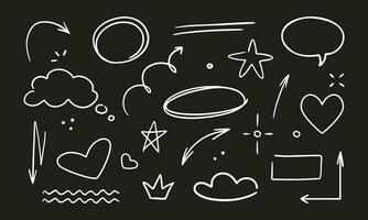 Doodle cute glitter pen line elements on a black background. Doodle heart, arrow, star, emphasis, sparkle decoration symbol set icon. Simple sketch line style emphasis, attention, pattern elements. vector