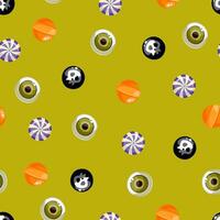Candies halloween seamless pattern on a green background. Sweet Halloween candy . Trick or treat background. Lollipops with the image of an eye and a skull. Wallpaper vector illustration.