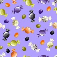 Candies halloween pattern on a purple background. Sweet Halloween candy seamless pattern. Trick or treat background. Sweets repeated texture. Candy print, wallpaper vector illustration