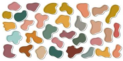 Amoeba blob, organic abstract shape. Set of Liquid amorphous shapes, fluid blotch pastel color with black line. vector