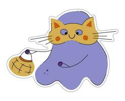 Sticker of cute Halloween spirit wearing a cat mask. Color flat vector illustration.