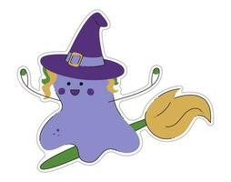 Sticker of cute Halloween spirit wearing a witch hat, flying on a broom. Color flat vector illustration.