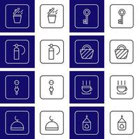 A set of 8 icons consisting of key, rest room, luggage, garbage, mosque, chapel, cafe. Available in two colors blue, white and white, black. vector