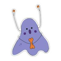 Sticker of cute Halloween spirit with bone. Color flat vector illustration.