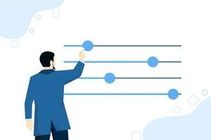 Special arrangement concept. Businessman moves different sliders. Guy adjusts various parameters. User customization settings. System adjustment, control panel. Change color. Flat vector illustration.