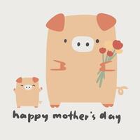 Hand drawn cartoon children's illustration of cute pig celebrating Mother's Day vector