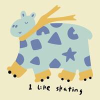 Hand drawn cute illustration of hippopotamus wearing skates vector