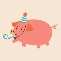 Funny hand drawn children's cartoon illustration of birthday pig vector