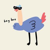 Hand drawn cute funny children cartoon illustration of ostrich wearing sunglasses vector