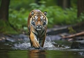 Amur tiger walking in the water. Dangerous animal.  Animal in a green forest stream. Generative AI photo