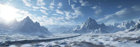 vast desolated snow land, big mountains in the background, snowfall with light blue sky and light blue colors, peaceful atmosphere,  AI Generative photo