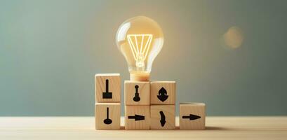 Creative idea, solution and innovation concept. Idea generation for business development. Wooden cube blocks with light bulb and cycle icons on clean background and copy space. AI Generative photo