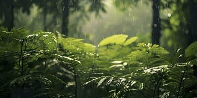 Rain falls in a rainforest with the rain drops. Generative AI photo