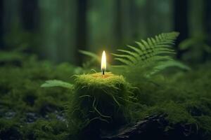 Burning candle on moss, dark green blurred the natural background. Magic candle. Generative AI photo