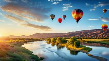 caliente aire globo terminado un paisaje de ríos y montañas generativo ai foto