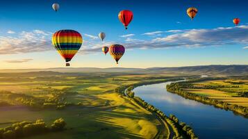 caliente aire globo terminado un paisaje de ríos y montañas generativo ai foto