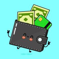 saltando billetera con dinero y crédito tarjeta. vector mano dibujado dibujos animados kawaii personaje ilustración icono. aislado en azul antecedentes. billetera con dinero y crédito tarjeta personaje concepto