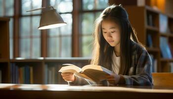 asian girl reading a book in the library photo