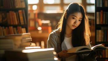 asian girl reading a book in the library photo