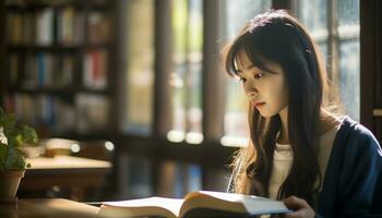 asian girl reading a book in the library photo