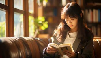 asian girl reading a book in the library photo