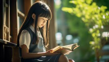 asian girl reading a book in the library photo