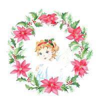 Watercolor hand drawn Christmas wreath. Floral frame with poinsettia, pines, holly plant, angel. Vintage stile. Good for cards, prints, decoration vector