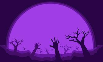 Purple hued Halloween illustration vector graphic background with zombie hands, crosses on graves, creepy tree branches and trunks, a large full moon, and a copy space area.