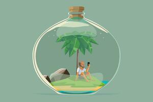 A sad castaway man stranded on an island in the middle of the ocean with no phone signal inside of the bottle vector