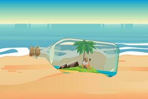 A sad castaway man stranded on an island in the middle of the ocean with no phone signal inside of the bottle vector