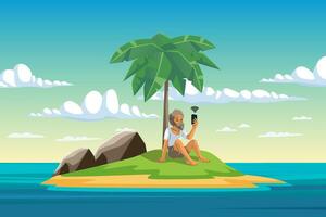 A sad castaway man, stranded on an island in the middle of the ocean with no phone signal, vector illustration