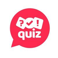 Quiz logo icon vector symbol, flat cartoon red bubble speech with question and check mark signs as competition game or interview logotype, poll or questionnaire modern creative horizontal image