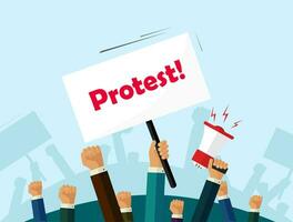 Protesters people crowd holding revolution or political placards with protest text vector illustration, flat cartoon persons activists or protesting people demonstration