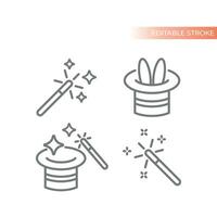 Magic, hat and rabbit vector icon set. Magician wand, magic trick line icons.